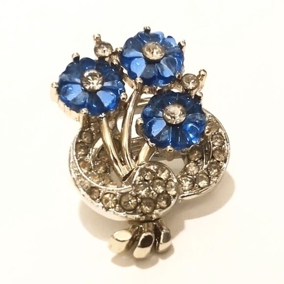 Vintage Silver Tone Blue Rhinestone Flower Bouquet Scatter Pin Brooch - Picture 2 of 6
